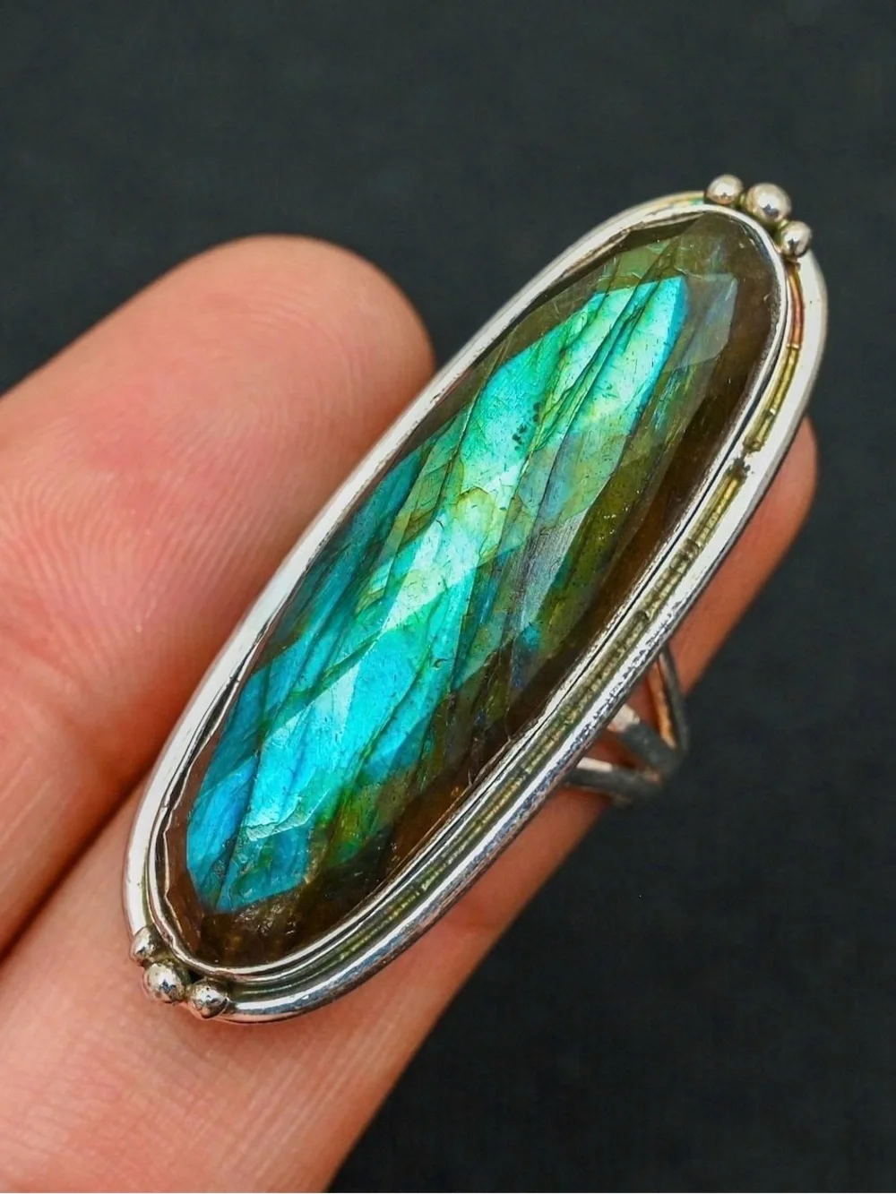 Handmade 925 Sterling Silver Labradorite Statement Ring in Blue-Green